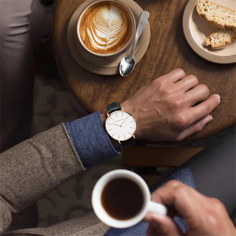 Slim Rose-Gold Dial Leather Quartz Dress Watch