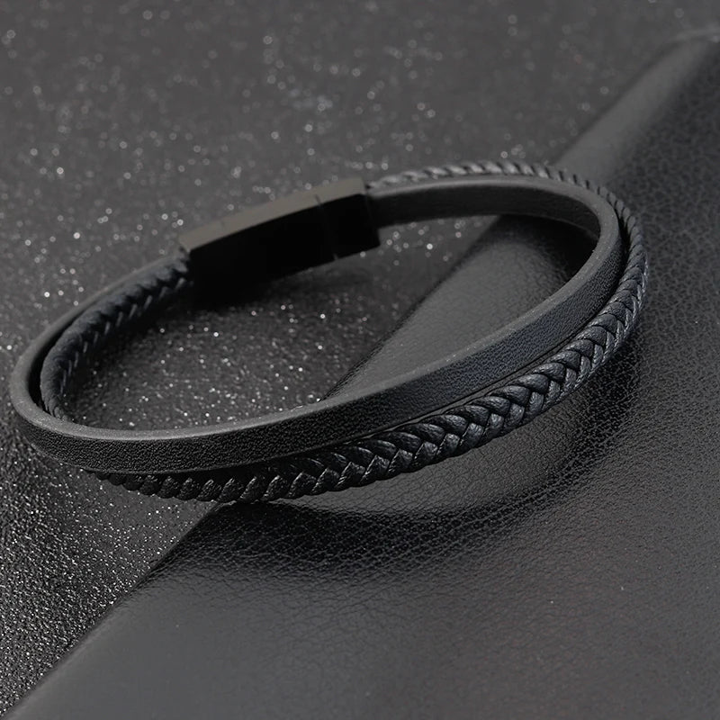 Triple-Texture Leather Bracelet Layered Men’s Style