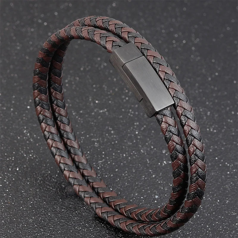 Triple-Texture Leather Bracelet Layered Men’s Style