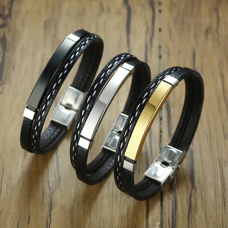 VNOX Genuine Leather Bracelet with Stainless Steel Bar, Layered Design