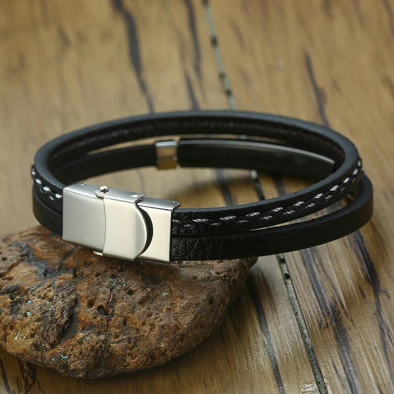 VNOX Genuine Leather Bracelet with Stainless Steel Bar, Layered Design