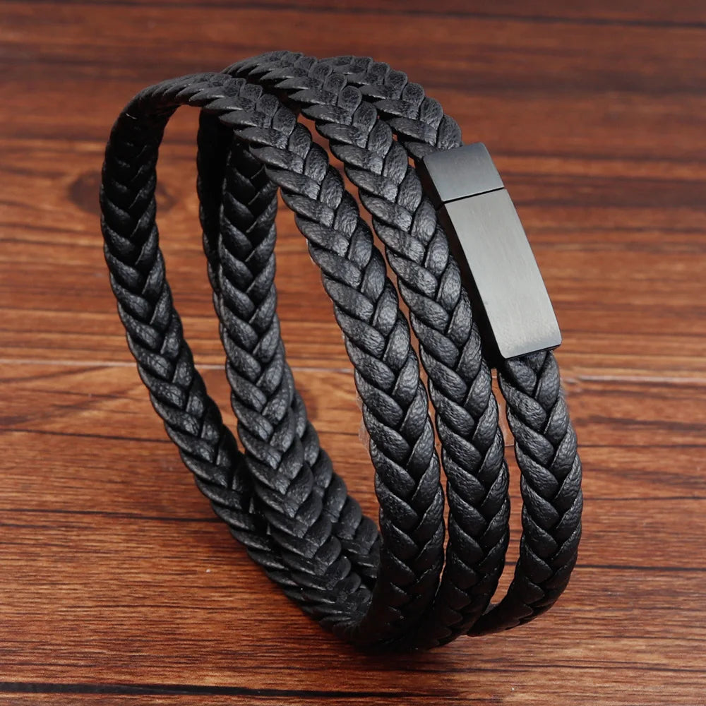 Triple-Texture Leather Bracelet Layered Men’s Style