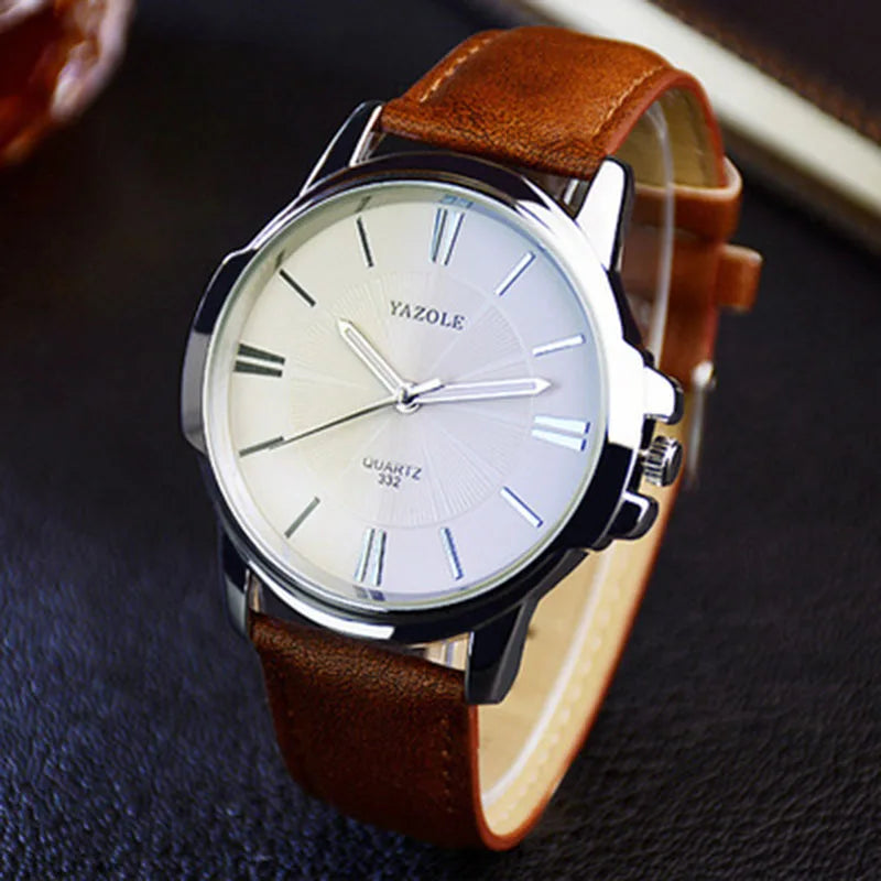 YAZOLE Roman-Dial Quartz Watch with Leather Strap, Slim 10 mm Case