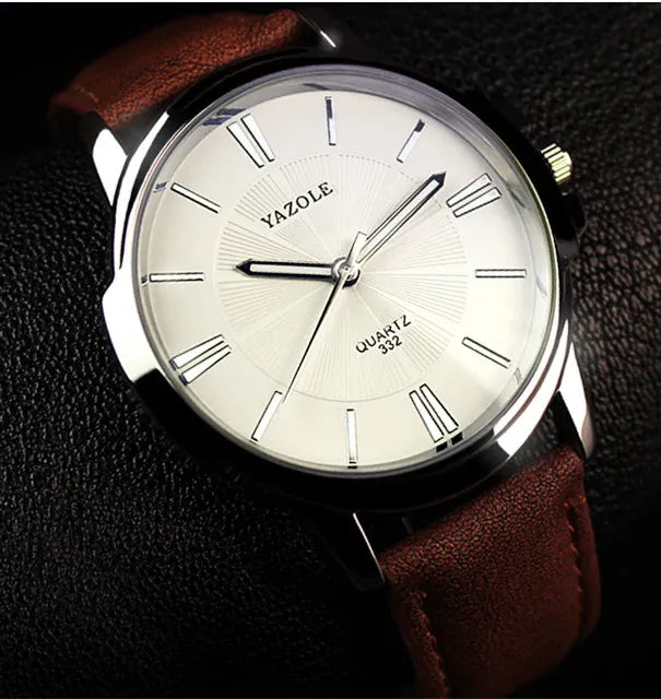 YAZOLE Roman-Dial Quartz Watch with Leather Strap, Slim 10 mm Case