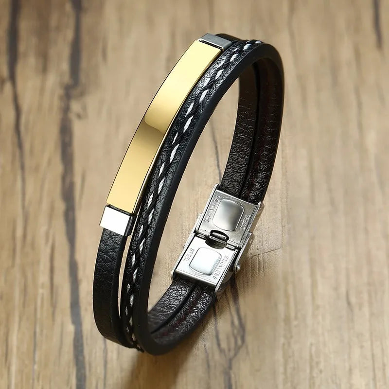 VNOX Genuine Leather Bracelet with Stainless Steel Bar, Layered Design