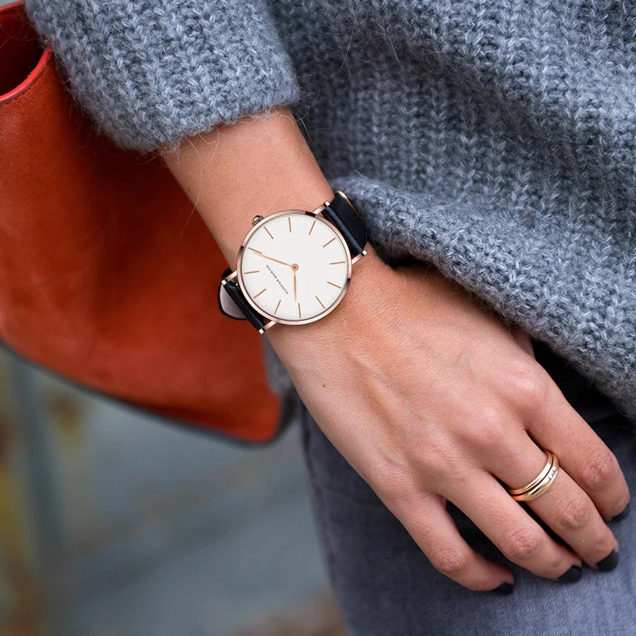 Slim Rose-Gold Dial Leather Quartz Dress Watch