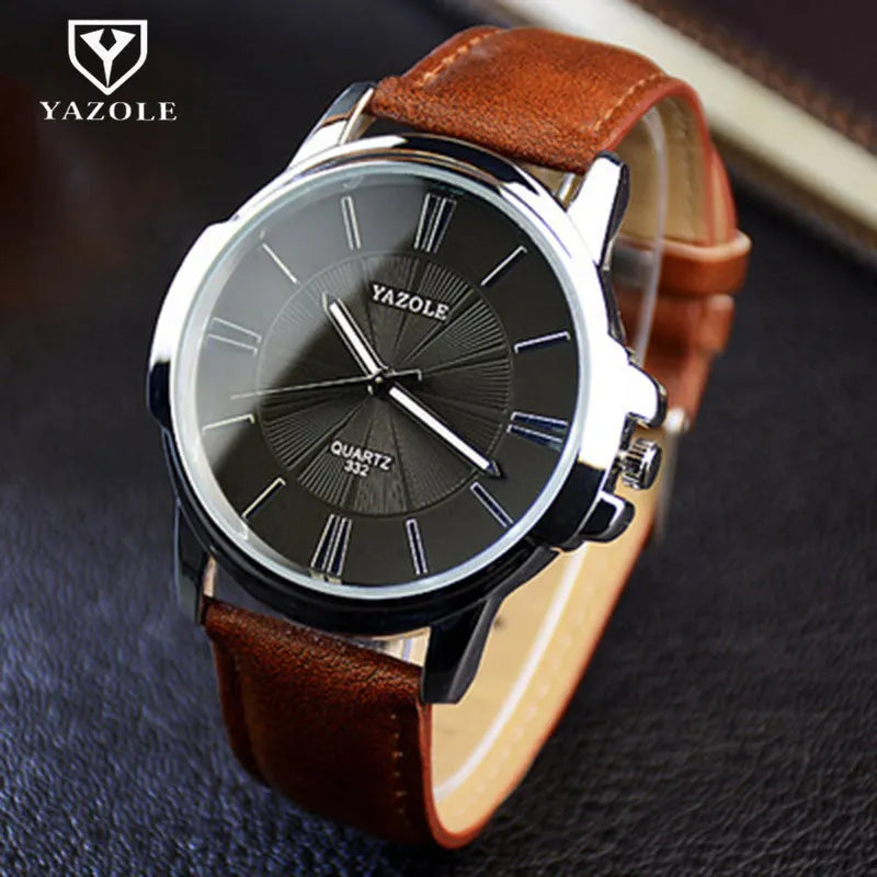 YAZOLE Roman-Dial Quartz Watch with Leather Strap, Slim 10 mm Case