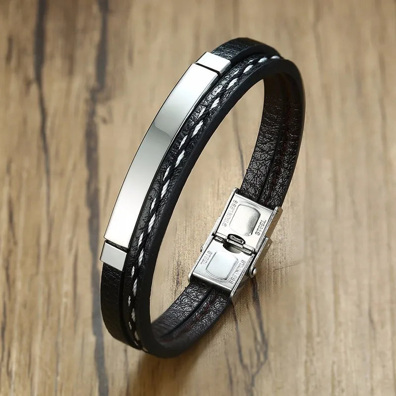 VNOX Genuine Leather Bracelet with Stainless Steel Bar, Layered Design