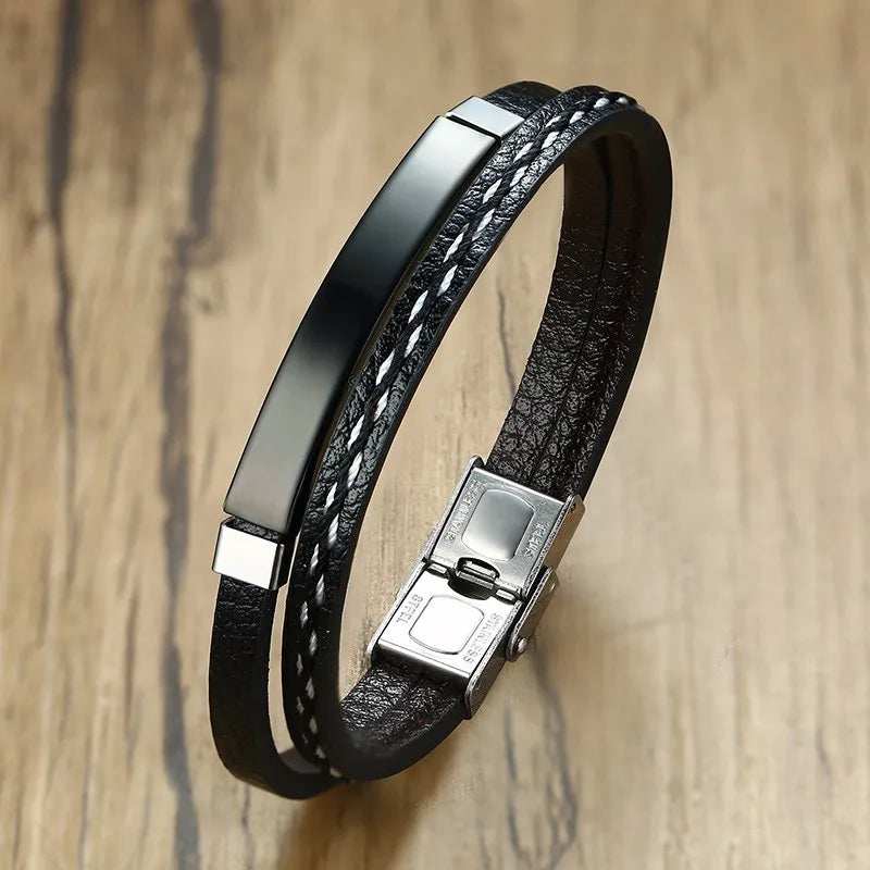 VNOX Genuine Leather Bracelet with Stainless Steel Bar, Layered Design