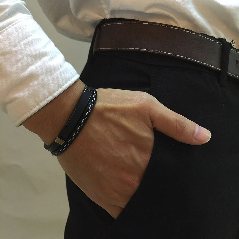 VNOX Genuine Leather Bracelet with Stainless Steel Bar, Layered Design
