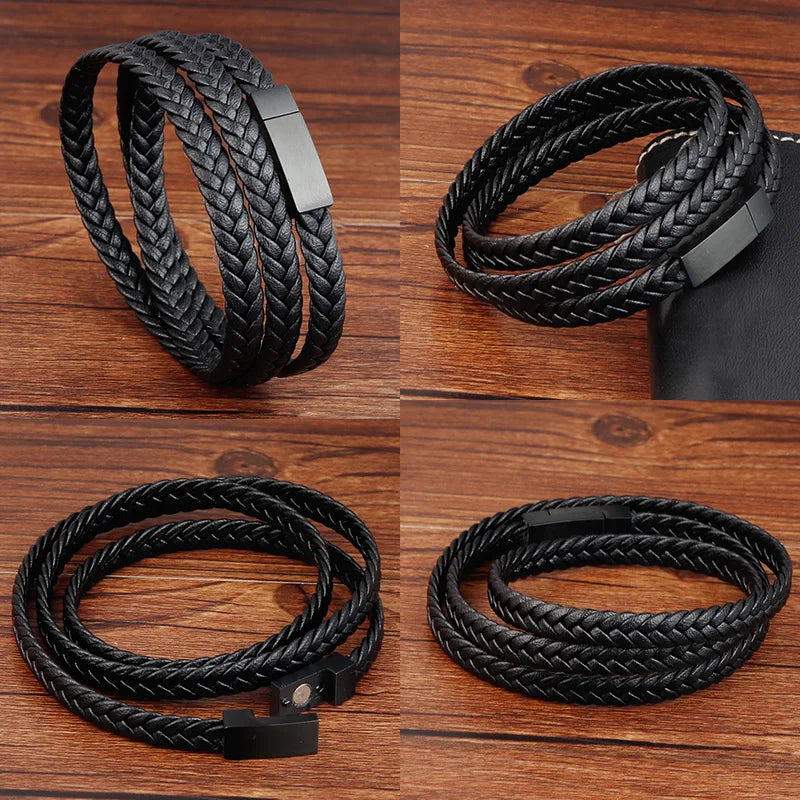 Triple-Texture Leather Bracelet Layered Men’s Style