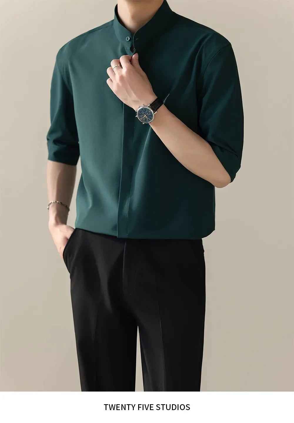 Men’s Slim Ice-Silk Short-Sleeve Shirt — Chinese-Style Stand Collar, Lightweight & Casual