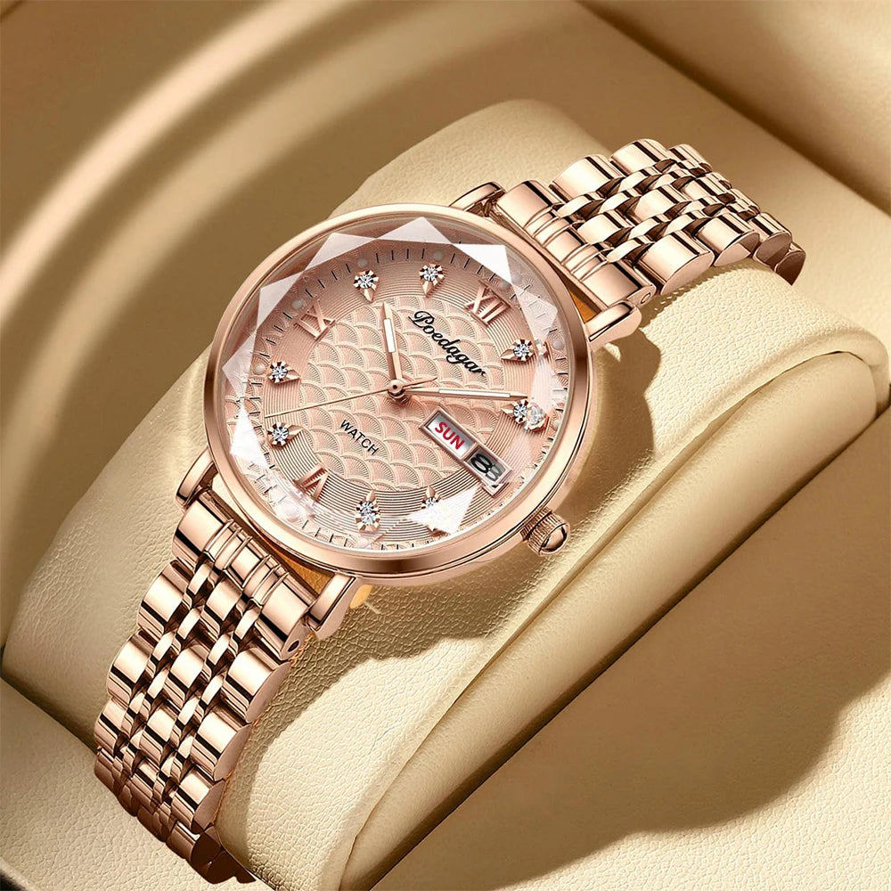 Women's Luxury Stainless Steel Quartz Watch – Rose Gold, Waterproof, Luminous