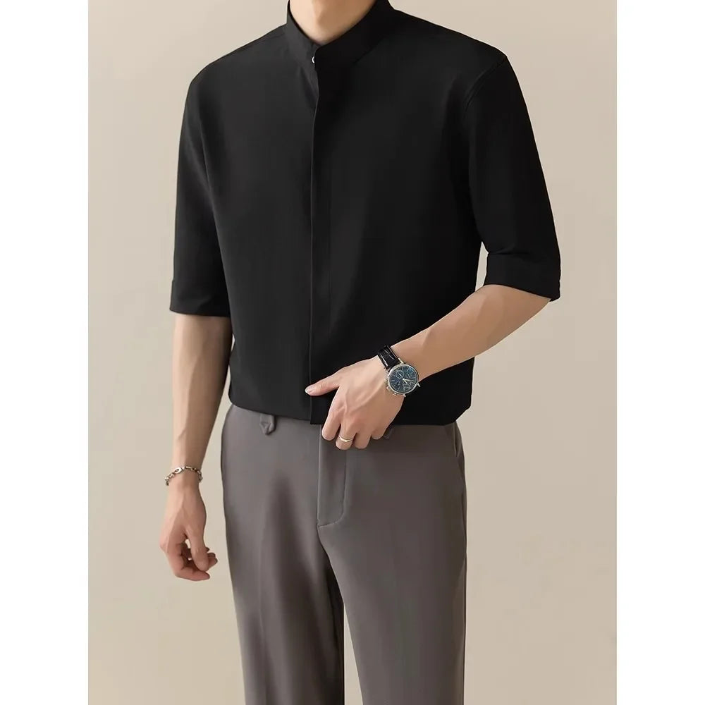 Men’s Slim Ice-Silk Short-Sleeve Shirt — Chinese-Style Stand Collar, Lightweight & Casual