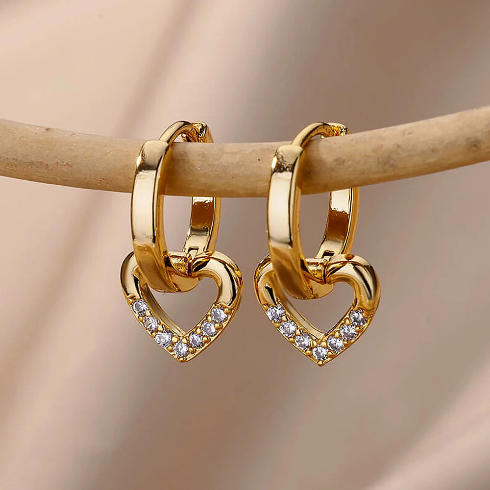 Gold Heart Earrings with Zircon Stones – Stainless Steel Hoop Design