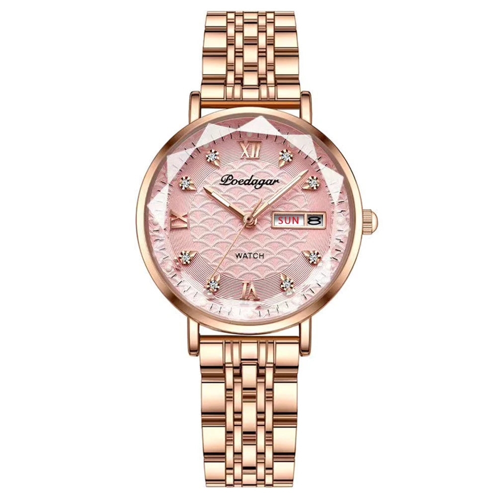 Women's Luxury Stainless Steel Quartz Watch – Rose Gold, Waterproof, Luminous