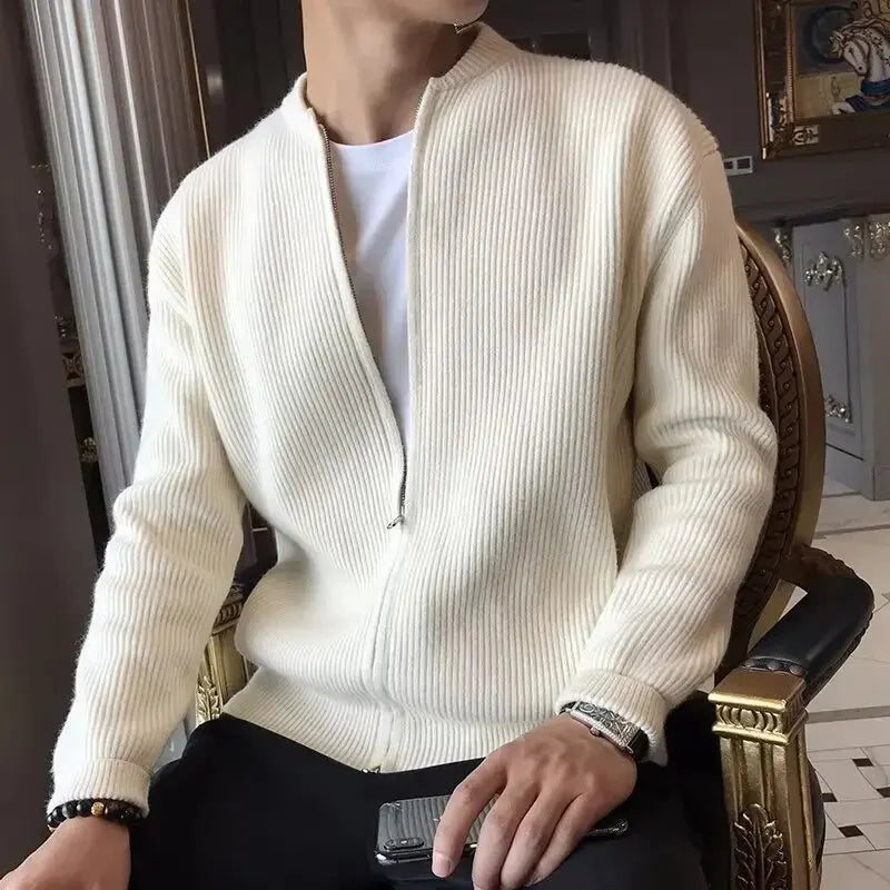 Men’s Autumn/Winter Solid-Color Knit Zip Cardigan — Casual Thick Crew-Neck Sweater (M–3XL)