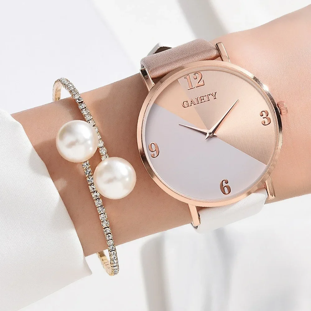 Women's Luxury Quartz Watch Set – PU Leather Strap with Bracelet, Elegant and Fashionable