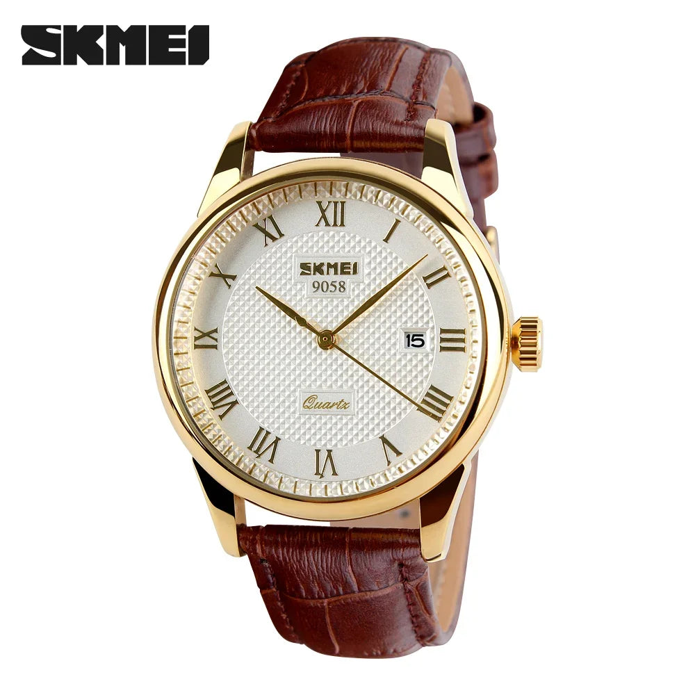Classic Gold-Tone Leather Strap Quartz Dress Watch by SKMEI 9058