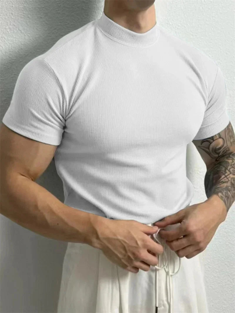 Men’s Quick-Dry Ribbed High-Collar T-Shirt — Breathable Knit, Short Sleeve