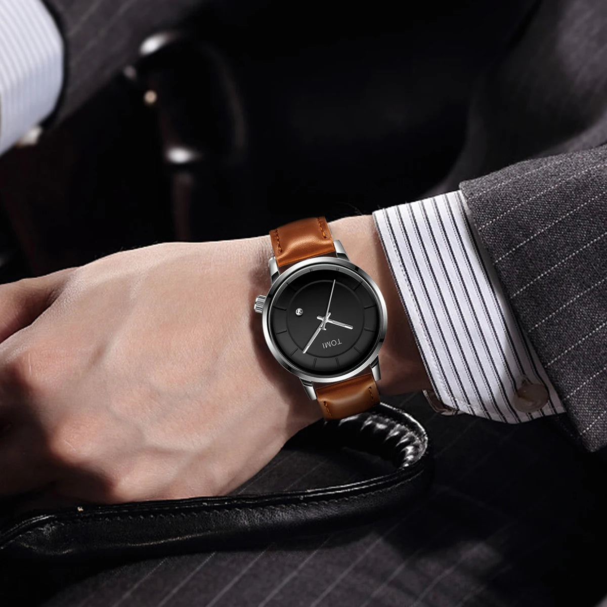 TOMI Minimal Black Dial Leather Quartz Watch