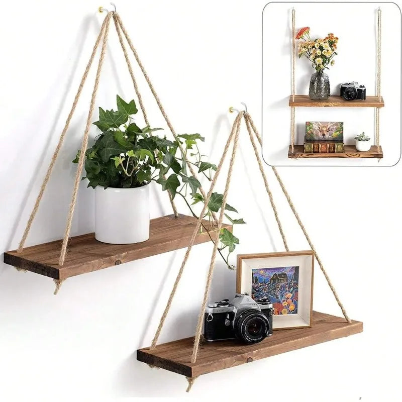Wooden Swing Rope Wall Shelf – Hanging Floating Storage for Home & Garden
