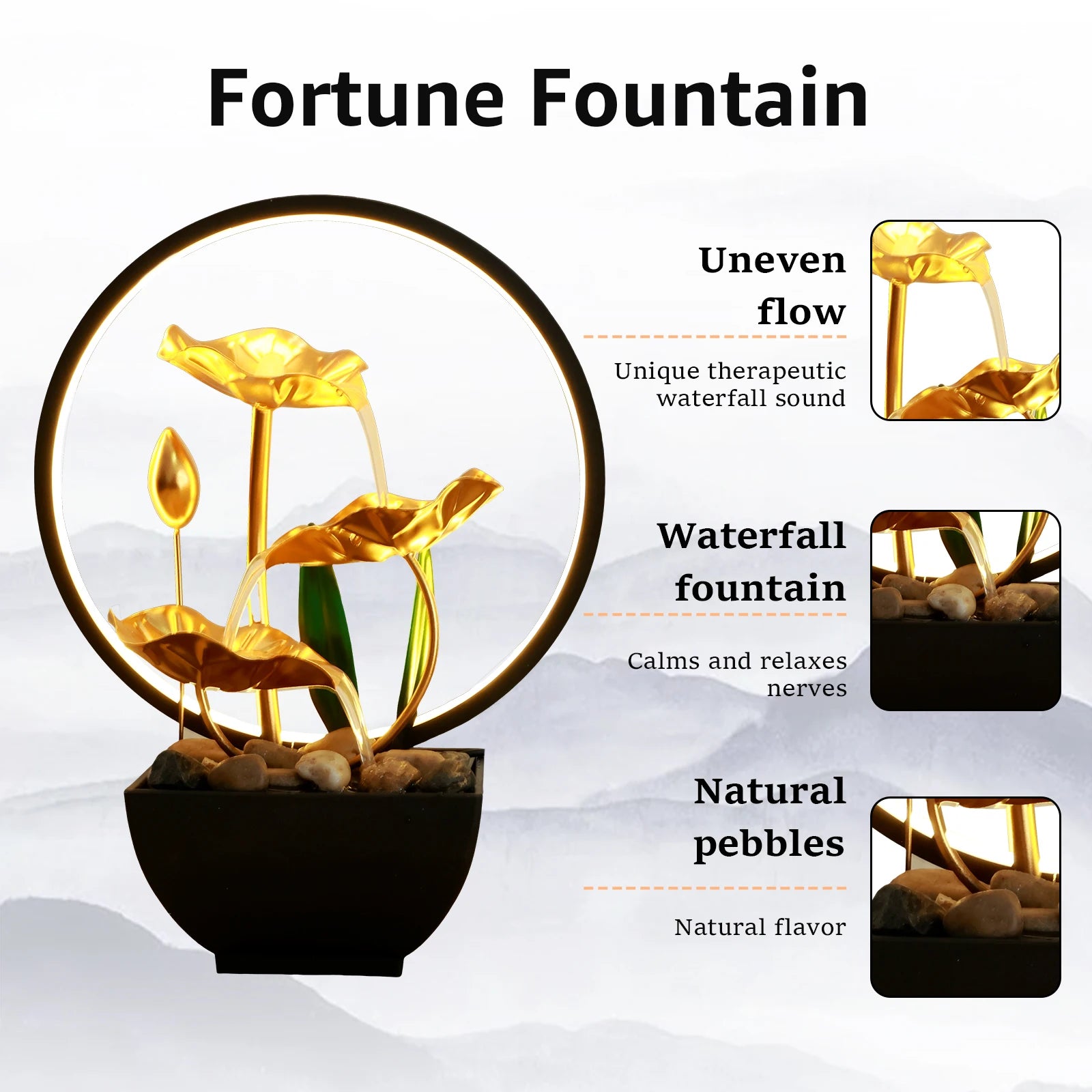 Tabletop Water Fountain – USB Powered with LED Ring Light and Natural Rocks