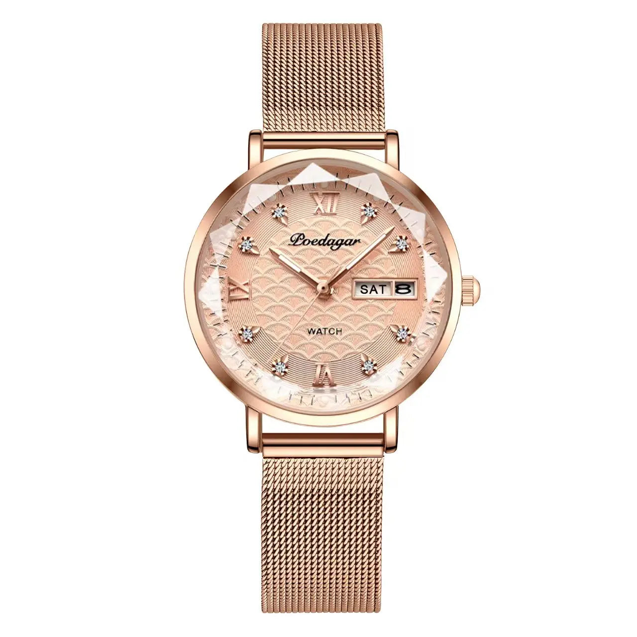 Women's Luxury Stainless Steel Quartz Watch – Rose Gold, Waterproof, Luminous