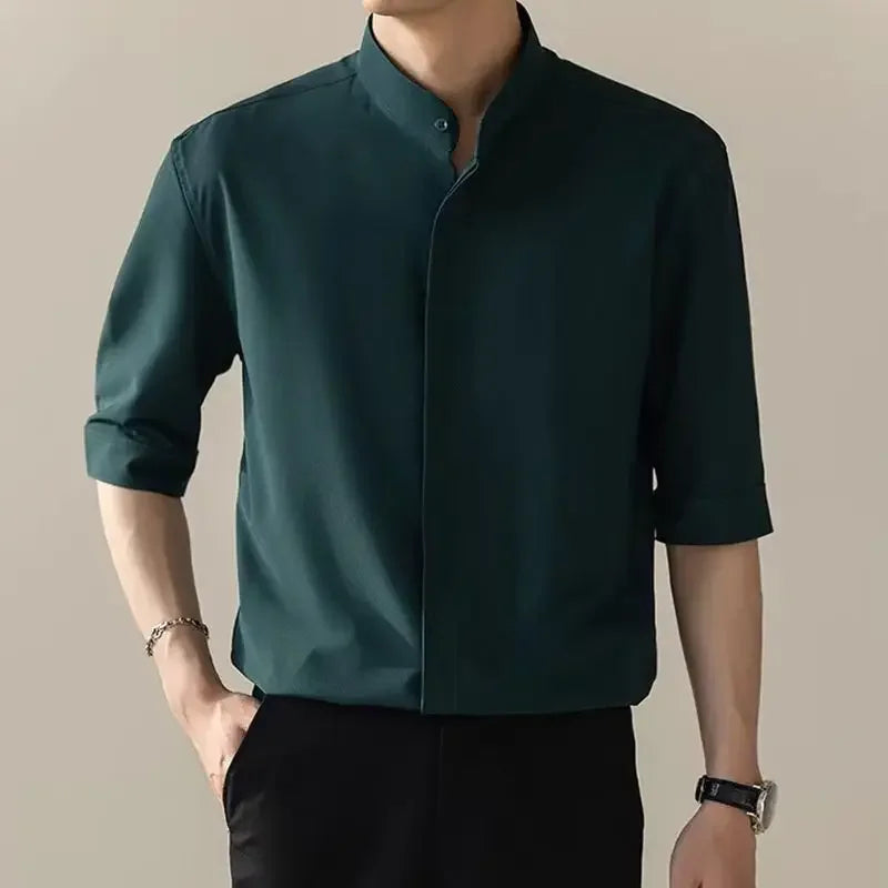 Men’s Slim Ice-Silk Short-Sleeve Shirt — Chinese-Style Stand Collar, Lightweight & Casual