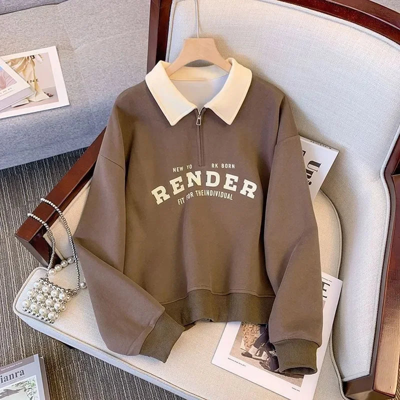 Women’s Polo-Collar Color-Block Zip Sweatshirt – Lightweight, Spring/Autumn