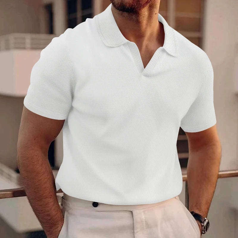 Men’s Short-Sleeve Patchwork Knit Shirt – Turn-Down Collar, Slim Fit, Breathable Business Style