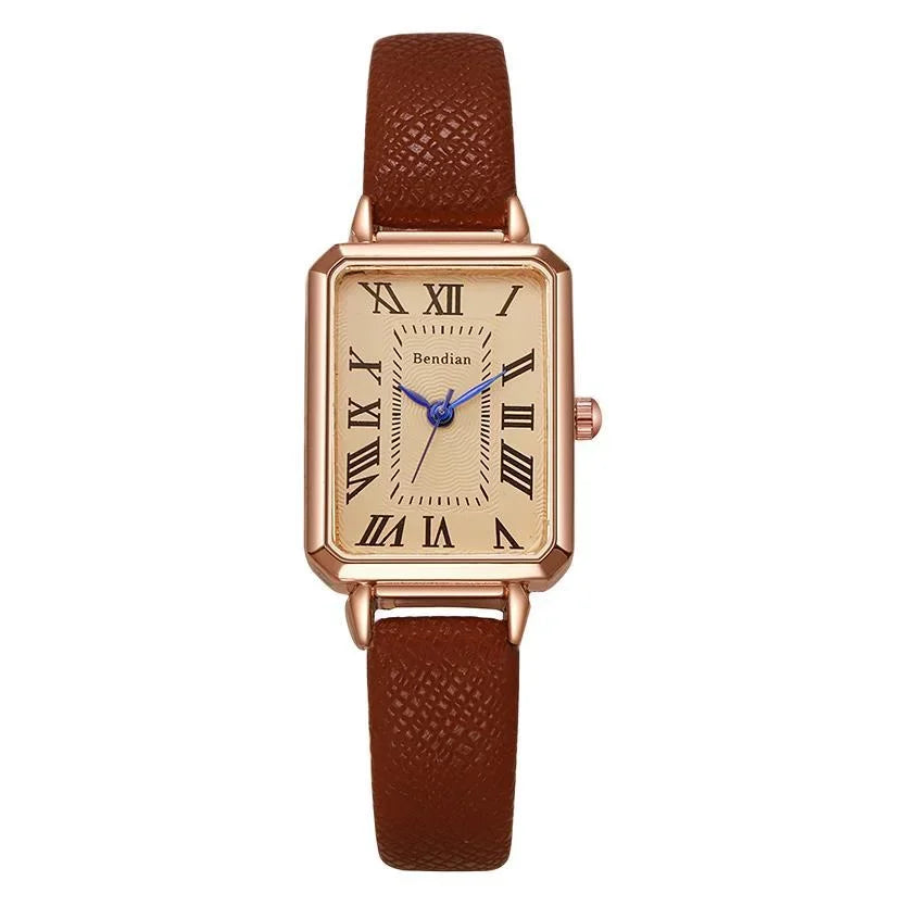 Women's Retro Square Quartz Watch – Roman Numerals, Leather Strap, Elegant Design