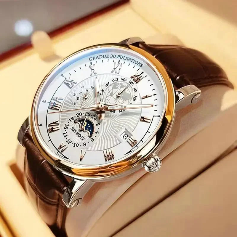 Luminous Multi-Subdial Quartz Dress Watch with Leather Strap, Round Case