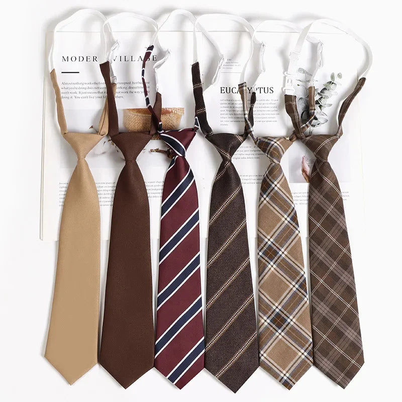 Pre-tied “Lazy” JK-Preppy Neck Tie for Women – Adjustable Clip/Elastic, Vintage Plaids & Stripes