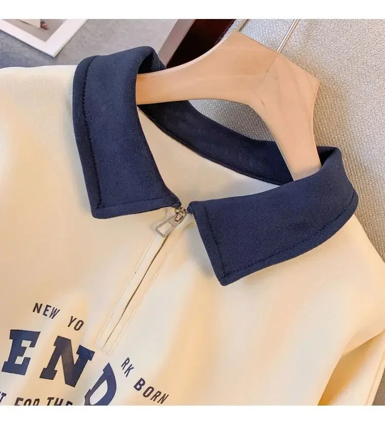 Women’s Polo-Collar Color-Block Zip Sweatshirt – Lightweight, Spring/Autumn