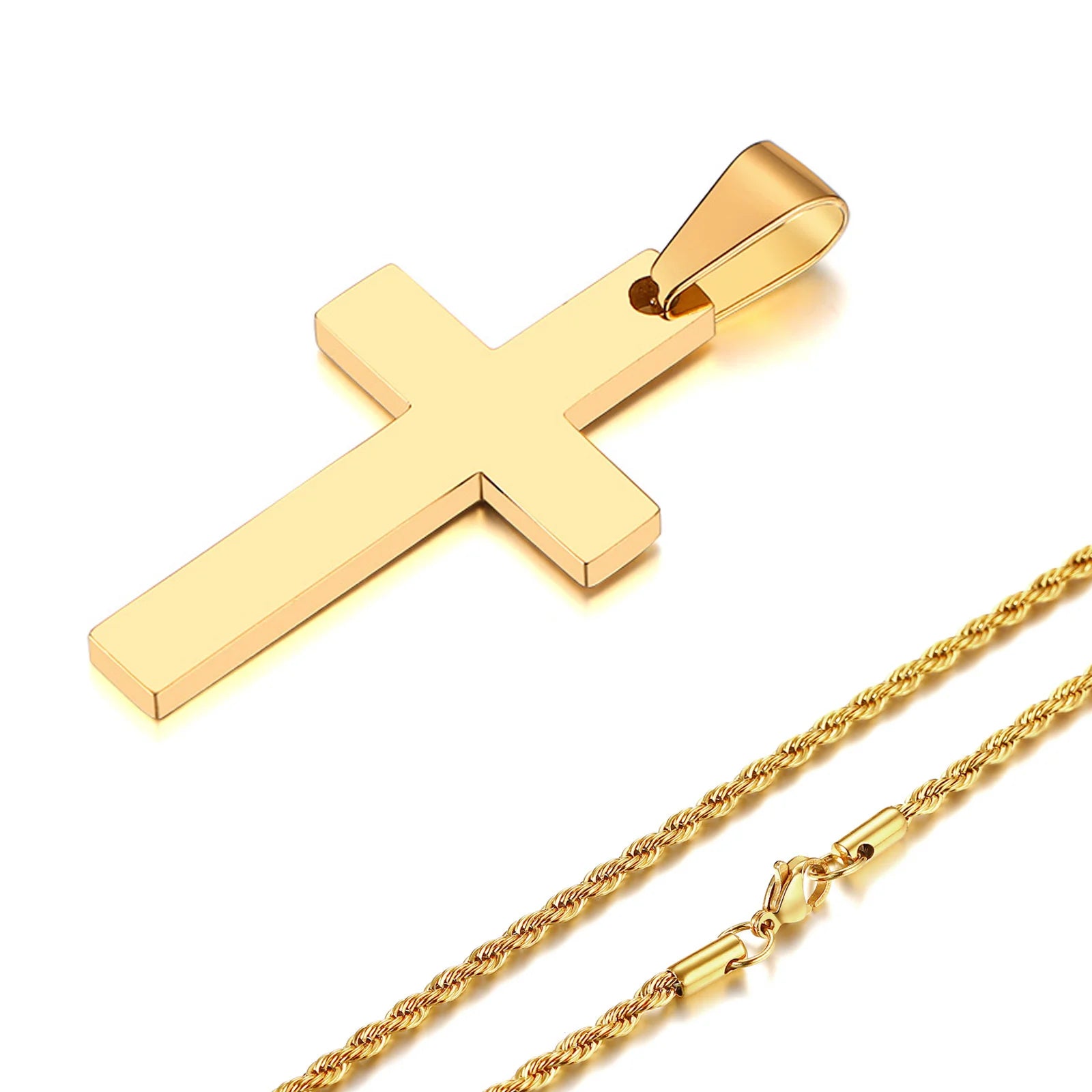 Water-Resistant Stainless Steel Cross Pendant Necklace with Rope or Box Chain