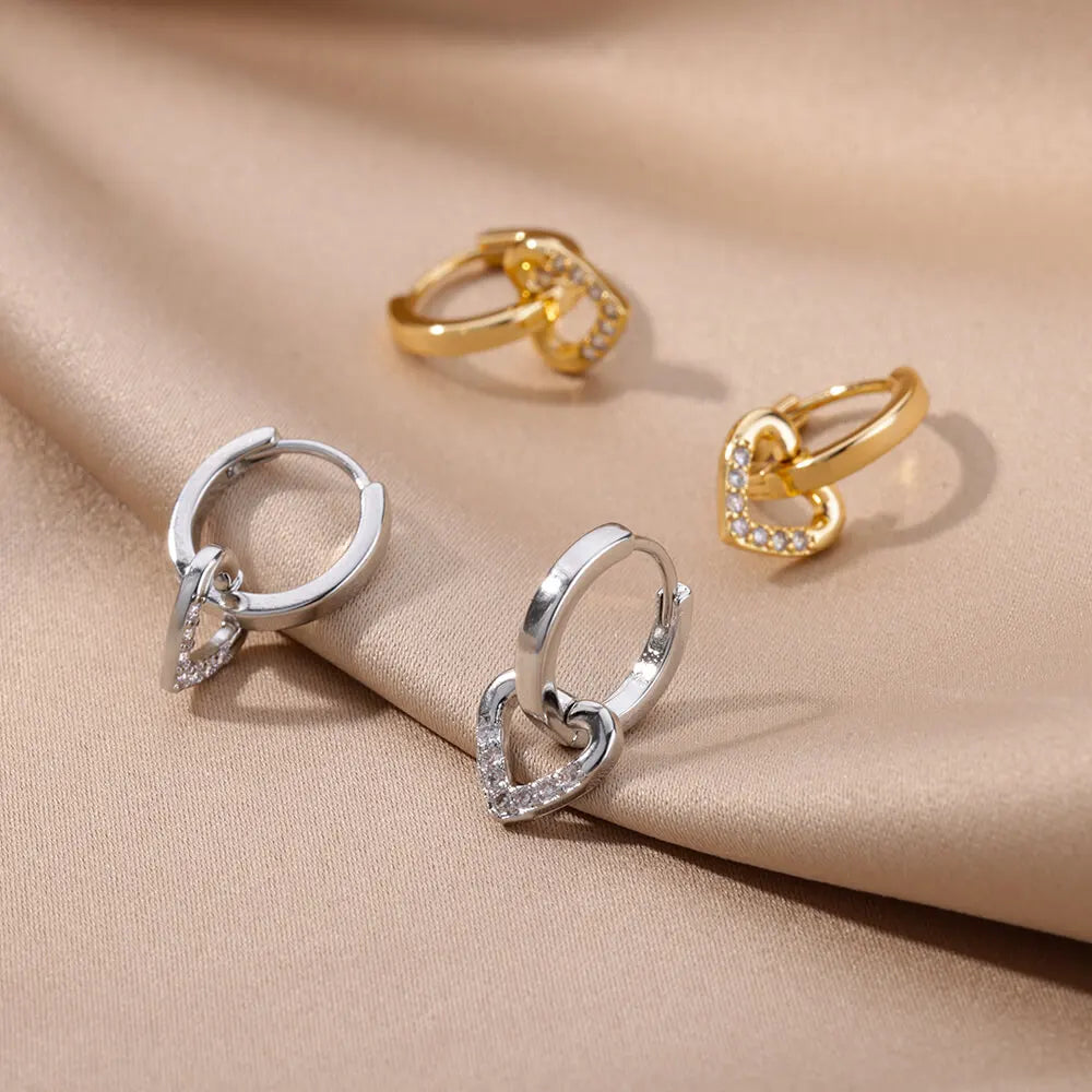 Gold Heart Earrings with Zircon Stones – Stainless Steel Hoop Design