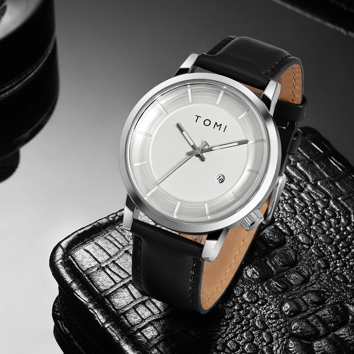 TOMI Minimal Black Dial Leather Quartz Watch