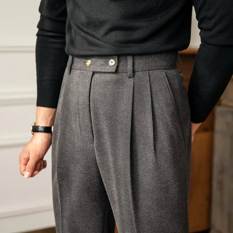 Autumn/Winter High-Waisted Wool Blend Casual Trousers for Men