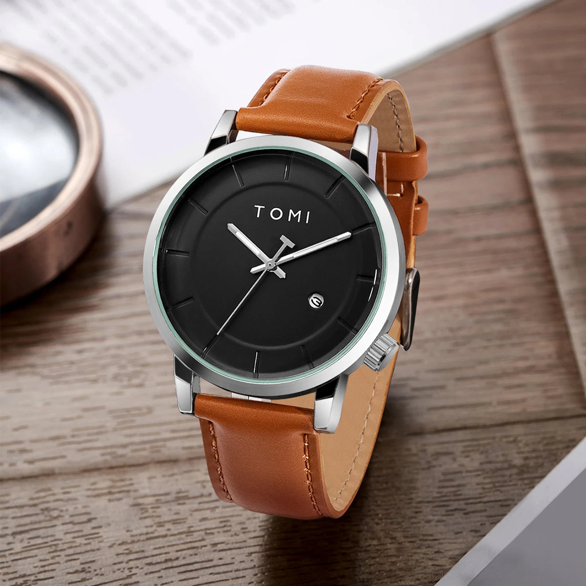 TOMI Minimal Black Dial Leather Quartz Watch