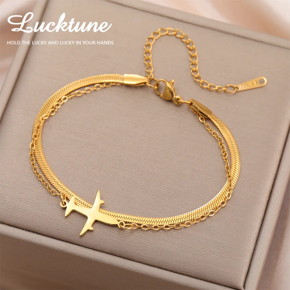 Women's Luxury Bracelet – Gold Plated Snake Chain with Airplane Pendant