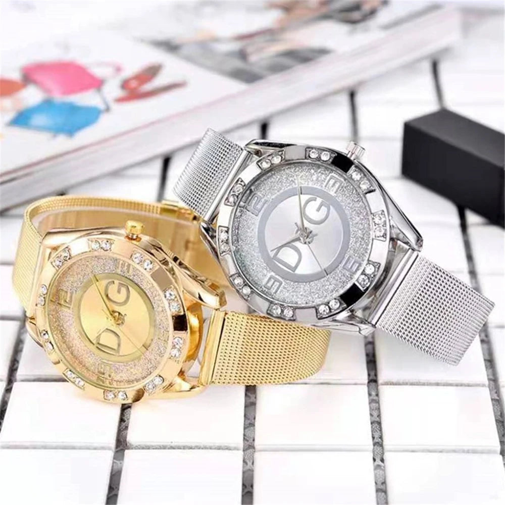 Crystal-Accent Gold Mesh Quartz Watch