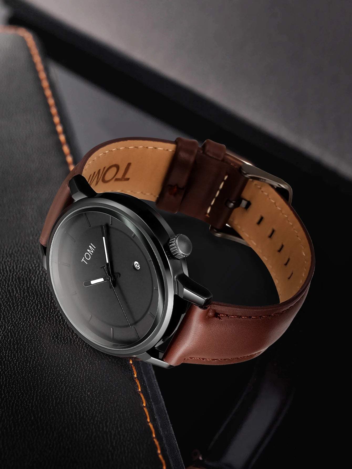 TOMI Minimal Black Dial Leather Quartz Watch