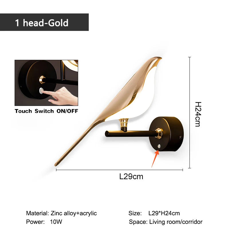 Nordic Touch LED Wall Lamp – Bird Design Gold/Silver Decorative Light