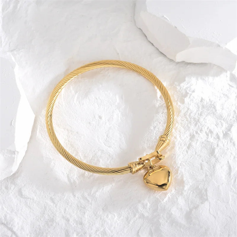 Gold Stainless Steel Bangle Bracelet – Heart Pendant, Luxury Unisex Jewelry