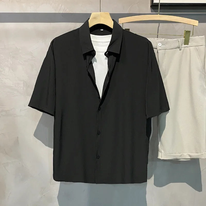 Vintage-Style Draped Short-Sleeve Shirt— Easy-Care Camp Collar, Relaxed Fit, No-Iron Look