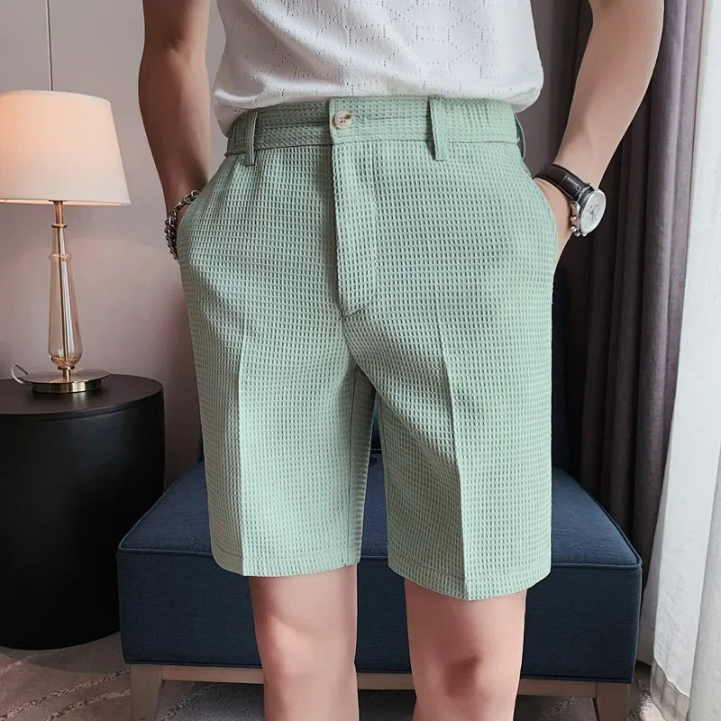Men’s Solid Waffle-Check Casual Shorts – Lightweight 5-Point Knee Length, Smart-Casual