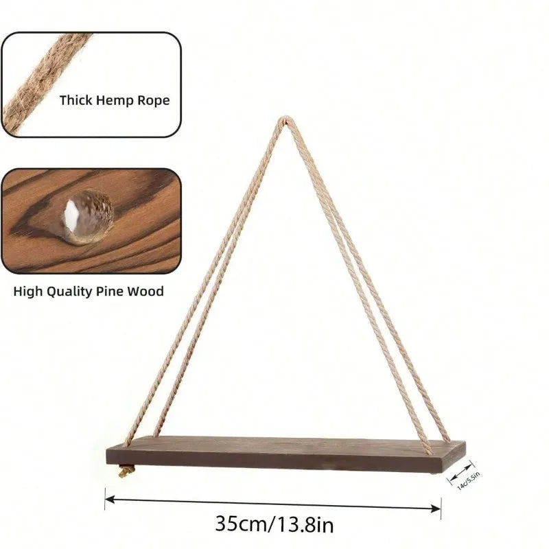 Wooden Swing Rope Wall Shelf – Hanging Floating Storage for Home & Garden