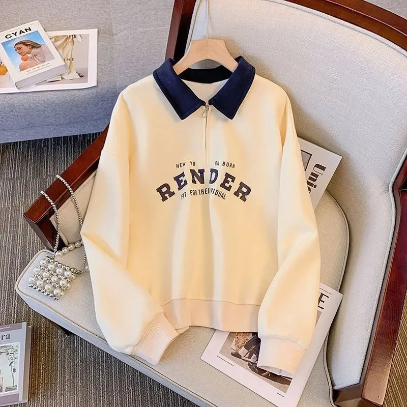 Women’s Polo-Collar Color-Block Zip Sweatshirt – Lightweight, Spring/Autumn