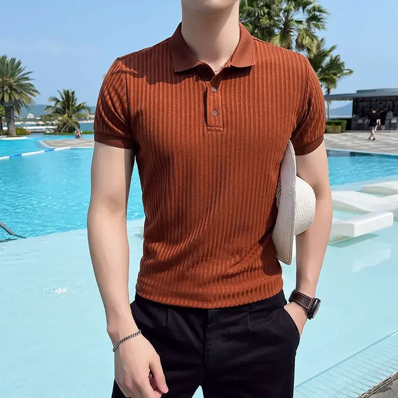 Men’s Ice-Silk Half-Sleeve Polo – Ribbed Knit, Smart-Casual Lapel, Lightweight Summer
